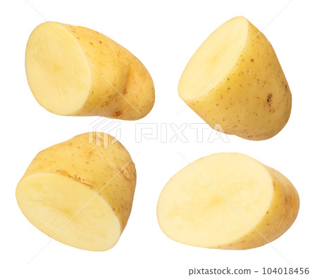 Raw vegetables. Potato with peel and leftover ground isolated on white background. The concept of obesity from potatoes. To be inserted into a design or project. 104018456