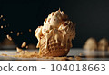 Appetizing caramel ice cream on the table. Dessert. Ice cream in a waffle cup melts while standing on a white table, surrounded by waffle crumbs 104018663