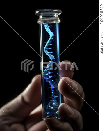 hand holds a test tube with blue liquid and DNA and RNA structure. AI generated, AI generative, AI generativ. 104018740