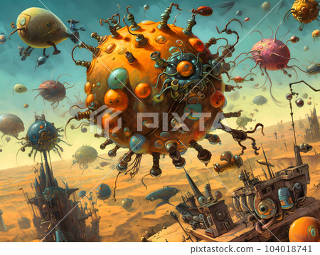 A picture with a bunch of biological cells flying in the air a surreal picture. AI generated, AI generative, AI generativ. 104018741