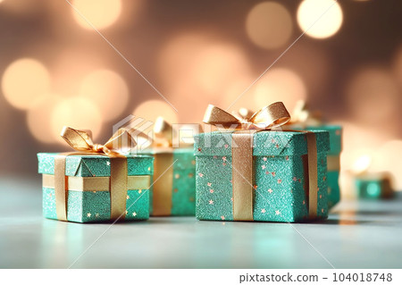 Mint gift boxes with golden bows on the background of bokeh effect. Generative AI 104018748