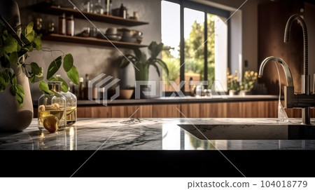 Fragment of a modern kitchen in a luxury home. Quartz countertop, wooden cabinets, open shelves, table decor, plants in vases, beautiful garden view from the window. 104018779