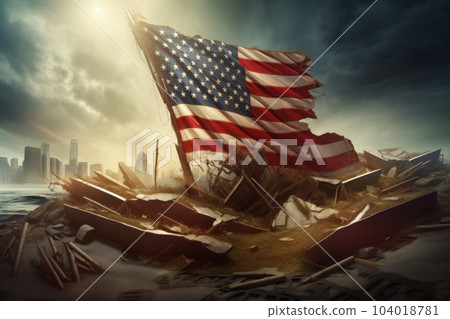Damaged American flag on the ruins of a building against the backdrop of skyscrapers and gloomy sky. The collapse of the American economy, inflation, bankruptcy, destruction of the financial system. 104018781