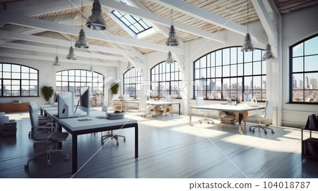 Loft style open space office in a modern urban building. Wooden floor and ceiling with beams, large tables with chairs, desktop computers, plants in floor pots, panoramic windows with city view. Loft style open space office in a modern urban building. Wooden floor and ceiling with beams, large tables with chairs, desktop computers, plants in floor pots, panoramic windows with city view. 104018787