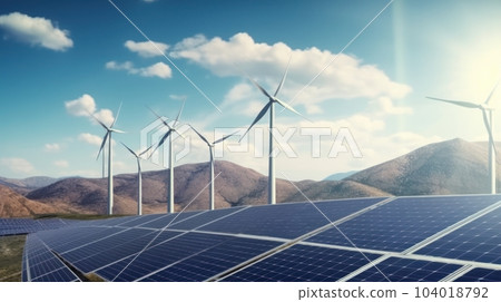 Solar energy panels photovoltaic cells and wind turbines with backdrop of nature landscape, mountains and blue sky. Production of renewable green energy. Sustainable development concept. Solar energy panels photovoltaic cells and wind turbines with backdrop of nature landscape, mountains and blue sky. Production of renewable green energy. Sustainable development concept. 104018792