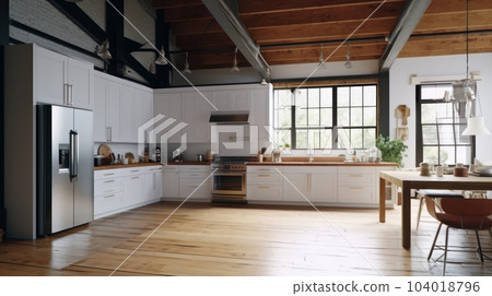 Spacious loft style kitchen with dining area. White facades, large wooden table, modern kitchen appliances, wooden floor, wooden ceiling with beams, green plants, panoramic windows. 104018796