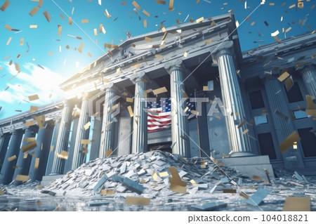 The American bank building is collapsing. Bank bankruptcy. Banking crisis, falling stocks. The collapse of the American financial system, the loss of money by bank depositors. 3D rendering. The American bank building is collapsing. Bank bankruptcy. Banking crisis, falling stocks. The collapse of the American financial system, the loss of money by bank depositors. 3D rendering. 104018821