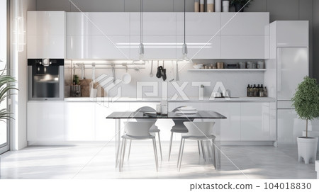 Front view on bright kitchen room interior with white fasades, dining table with armchairs, plants in floor pots, panoramic window, modern kitchen appliances. Concept of minimalist design. 104018830
