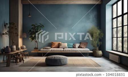 Modern cozy living room in blue and gray tones. Stylish comfortable sofa, round ottoman, concrete floor and vintage carpet, plants in floor pots, panoramic windows with garden view. 104018831