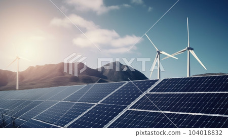 Solar energy panels photovoltaic cells and wind turbines with backdrop of nature landscape, mountains and blue sky. Production of renewable green energy. Sustainable development concept. Solar energy panels photovoltaic cells and wind turbines with backdrop of nature landscape, mountains and blue sky. Production of renewable green energy. Sustainable development concept. 104018832