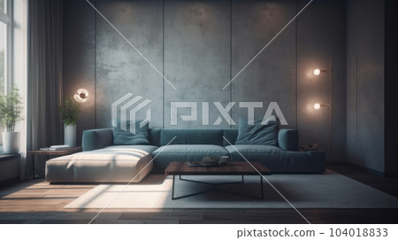 Interior of modern cozy living room. Stylish corner sofa with pillows, coffee table, plants in pots, floor lamps, carpet on a wooden floor, large window, modern home decor. Interior of modern cozy living room. Stylish corner sofa with pillows, coffee table, plants in pots, floor lamps, carpet on a wooden floor, large window, modern home decor. 104018833