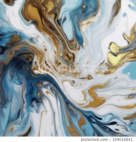 Abstract wavy acrylic paint mix in blue, gold, beige and white. Abstract art, artistic texture. Multicolored bright background. 104018841