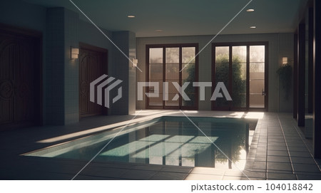 Indoor swimming pool in a luxury home. White tiled walls and floor, wall lamps, large windows overlooking the garden in the amazing morning light. 3D rendering. 104018842