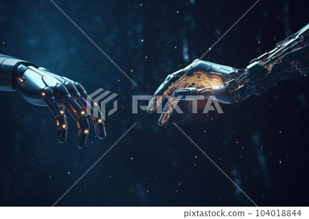 Handshake of two cyborgs, two metal anthropomorphic hands reaching out to each other. Futuristic digital age, robotics, digital technologies, scientific and technological progress. Blurred background. 104018844