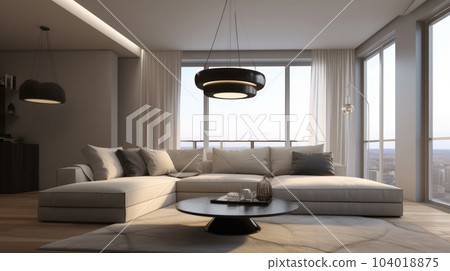 Modern minimalist living room. White walls, large corner sofa, round coffee table, wooden floor with gray carpet, modern luxury chandeliers, panoramic window with curtains. Mockup, 3D rendering. 104018875