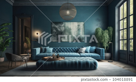 Modern cozy living room in blue and gray tones. Stylish comfortable sofa, ottoman and armchair, parquet floor and vintage carpet, pendant lights, plants in floor pots, poster, panoramic windows. Modern cozy living room in blue and gray tones. Stylish comfortable sofa, ottoman and armchair, parquet floor and vintage carpet, pendant lights, plants in floor pots, poster, panoramic windows. 104018891