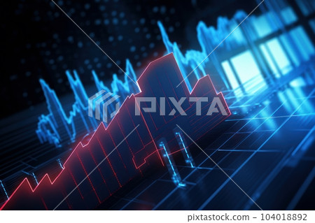 3d model of financial graph with red backlight on blue background, stock market financing chart, economic boom and bust, investment bankruptcy and inflation, global rising and falling economy. 104018892