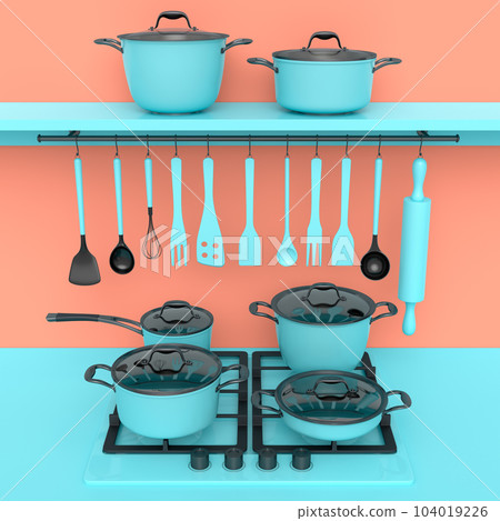 Set of kitchen utensil, stewpot, frying pan and chrome cookware hanging on shelf Set of kitchen utensil, stewpot, frying pan and chrome cookware hanging on shelf 104019226