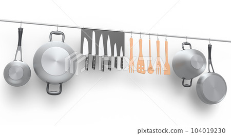 Set of kitchen utensil, stewpot, frying pan and chrome cookware hanging on shelf 104019230
