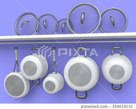 Set of stewpot, frying pan and chrome plated cookware hanging on shelf on violet 104019232