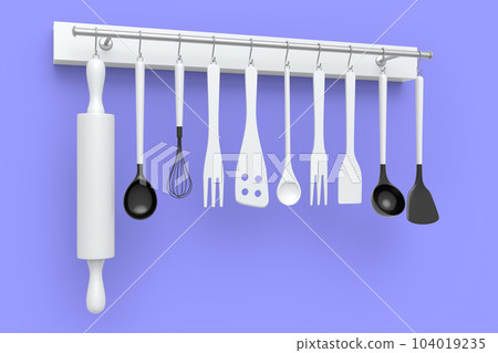Set of kitchen utensil for preparation of dough hanging on shelf on violet Set of kitchen utensil for preparation of dough hanging on shelf on violet 104019235