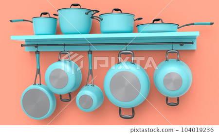 Set of stewpot, frying pan and chrome plated cookware hanging on shelf on pink Set of stewpot, frying pan and chrome plated cookware hanging on shelf on pink 104019236