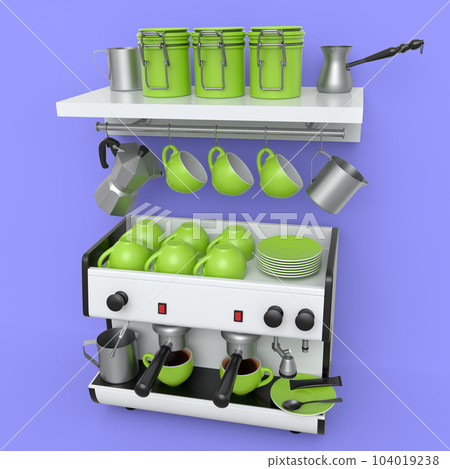 Professional espresso coffee machine with horn for two cups isolated on violet Professional espresso coffee machine with horn for two cups isolated on violet 104019238