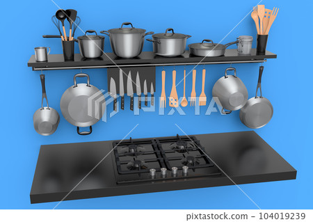 Set of kitchen utensil, stewpot, frying pan and chrome cookware hanging on shelf Set of kitchen utensil, stewpot, frying pan and chrome cookware hanging on shelf 104019239