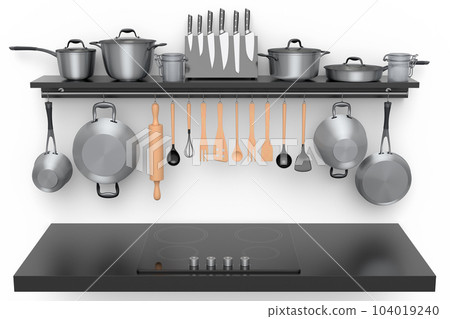 Set of kitchen utensil, stewpot, frying pan and chrome cookware hanging on shelf Set of kitchen utensil, stewpot, frying pan and chrome cookware hanging on shelf 104019240