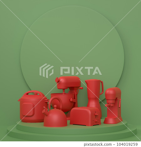 Abstract scene or podium with kitchen appliances and utensils on monochrome. 104019259