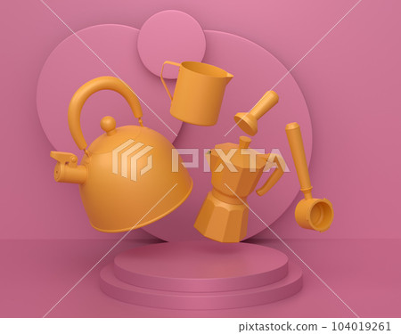 Abstract scene or podium with kitchen appliances and utensils on monochrome. Abstract scene or podium with kitchen appliances and utensils on monochrome. 104019261