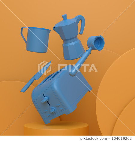 Abstract scene or podium with kitchen appliances and utensils on monochrome. 104019262