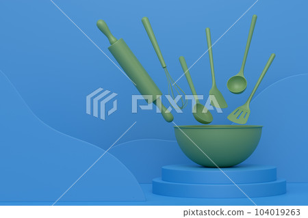Abstract scene or podium with bowl and kitchen utensil on monochrome. Abstract scene or podium with bowl and kitchen utensil on monochrome. 104019263