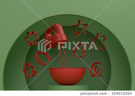 Abstract scene or podium with bowl and kitchen utensil on monochrome. 104019264