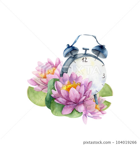 Watercolor vintage clock with purple water lilas. Hand drawn home alarm clock illustration with flowers and leaves 104019266