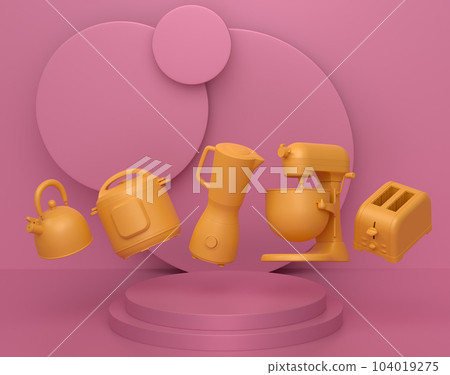 Abstract scene or podium with kitchen appliances and utensils on monochrome. Abstract scene or podium with kitchen appliances and utensils on monochrome. 104019275