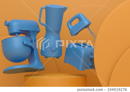 Abstract scene or podium with kitchen appliances and utensils on monochrome. Abstract scene or podium with kitchen appliances and utensils on monochrome. 104019276