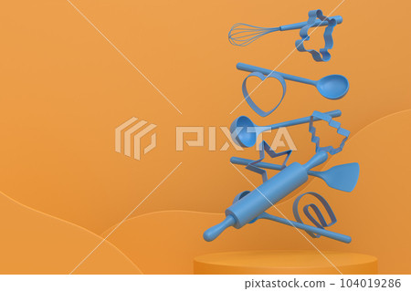 Abstract scene or podium with kitchen utensil on monochrome background Abstract scene or podium with kitchen utensil on monochrome background 104019286