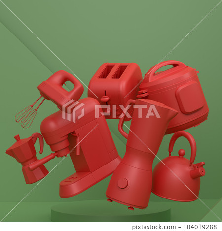 Abstract scene or podium with kitchen appliances and utensils on monochrome. 104019288
