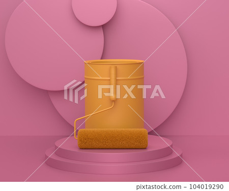 Abstract scene or podium with metal can with paint roller on monochrome Abstract scene or podium with metal can with paint roller on monochrome 104019290