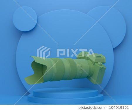 Abstract scene or podium with nonexistent DSLR camera and lens on monochrome 104019301