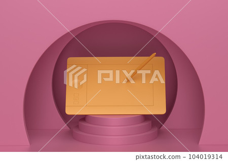 Abstract scene or podium with graphic tablet and pen on monochrome Abstract scene or podium with graphic tablet and pen on monochrome 104019314