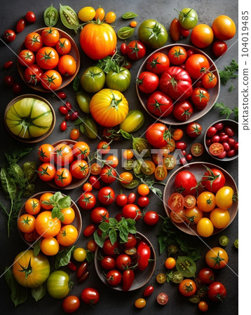 Top down view of a table topped with many different types of tomatoes. AI generated, AI generative, AI generativ. 104019485