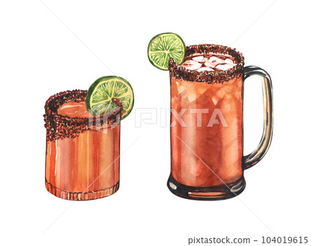 Watercolor mexican cocktail Michelada with lime, beer and ice in glass. Hand-drawn illustration isolated on white background. Perfect for recipe lists with alcoholic drinks, brochures for cafe, bar Watercolor mexican cocktail Michelada with lime, beer and ice in glass. Hand-drawn illustration isolated on white background. Perfect for recipe lists with alcoholic drinks, brochures for cafe, bar 104019615