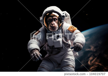 This cute monkey is wearing a space suit and helmet, ready to embark on a mission into the unknown depths of the universe. Will it discover new planets and stars? AI Generative 104019707