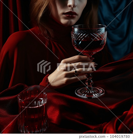 A woman in a red silk dress holding a glass of...-插圖素材 [104019780 ...