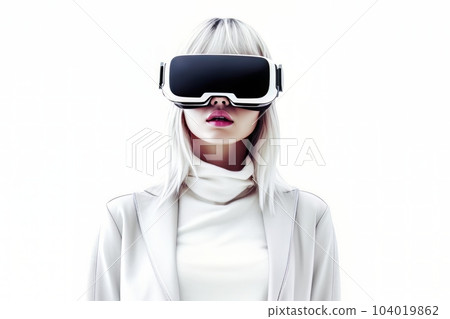 Beautiful cyber woman face in virtual reality glasses isolated on white background AI Beautiful cyber woman face in virtual reality glasses isolated on white background AI 104019862