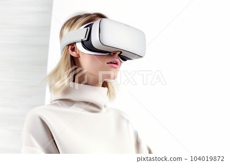 Beautiful cyber woman face in virtual reality glasses isolated on white background AI Beautiful cyber woman face in virtual reality glasses isolated on white background AI 104019872