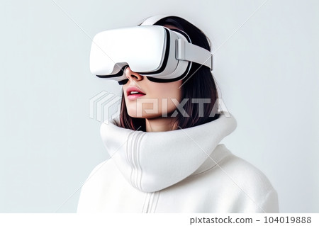Beautiful cyber woman face in virtual reality glasses isolated on white background AI 104019888