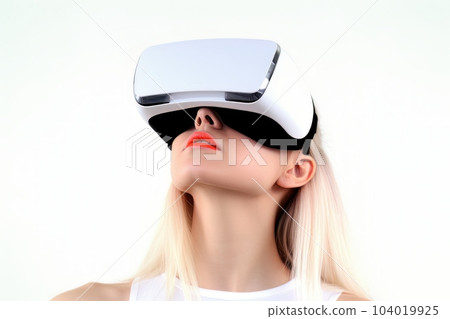 Beautiful cyber woman face in virtual reality glasses isolated on white background AI Beautiful cyber woman face in virtual reality glasses isolated on white background AI 104019925